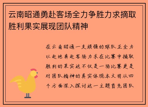 云南昭通勇赴客场全力争胜力求摘取胜利果实展现团队精神