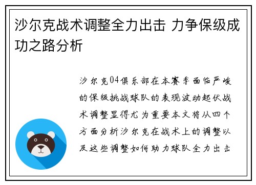 沙尔克战术调整全力出击 力争保级成功之路分析