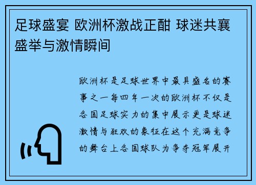 足球盛宴 欧洲杯激战正酣 球迷共襄盛举与激情瞬间