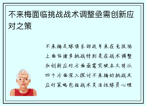 不来梅面临挑战战术调整亟需创新应对之策