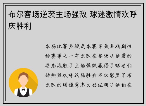 布尔客场逆袭主场强敌 球迷激情欢呼庆胜利