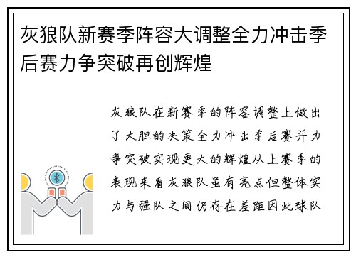 灰狼队新赛季阵容大调整全力冲击季后赛力争突破再创辉煌