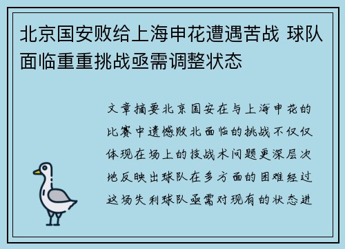 北京国安败给上海申花遭遇苦战 球队面临重重挑战亟需调整状态