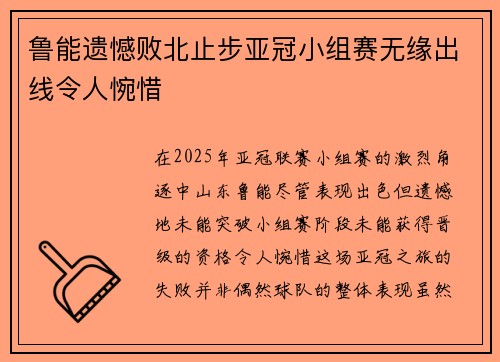 鲁能遗憾败北止步亚冠小组赛无缘出线令人惋惜