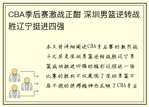 CBA季后赛激战正酣 深圳男篮逆转战胜辽宁挺进四强
